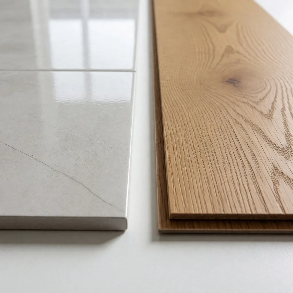 Muestras de porcelanato y madera laminada