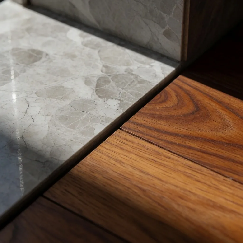 Detalle de mármol y madera en taller de remodelación