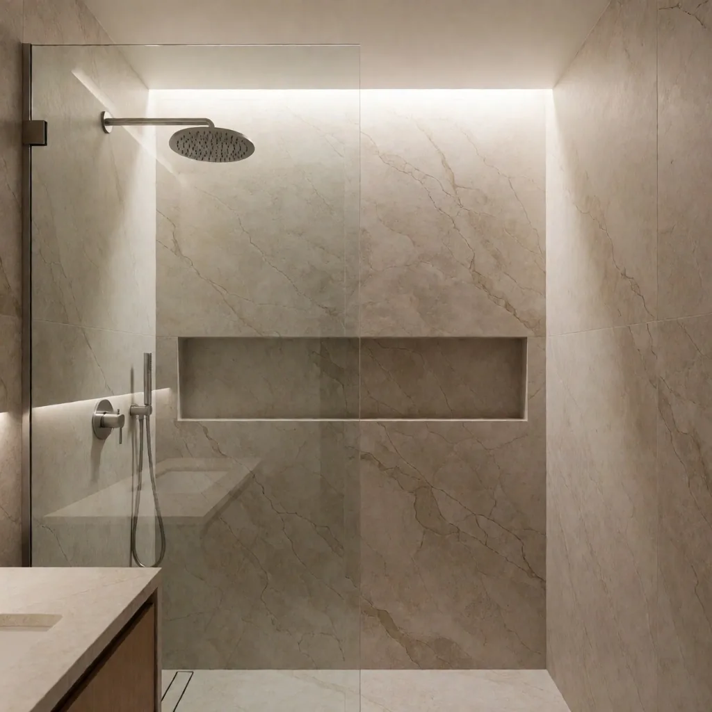 Baño estilo spa con ducha tipo lluvia y porcelanato tipo piedra en Santa Ana