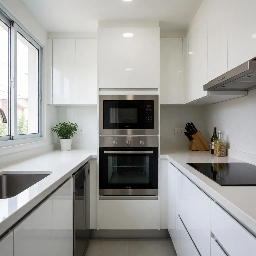 Cocina funcional con gabinetes brillantes y mesón de cuarzo en Modelia