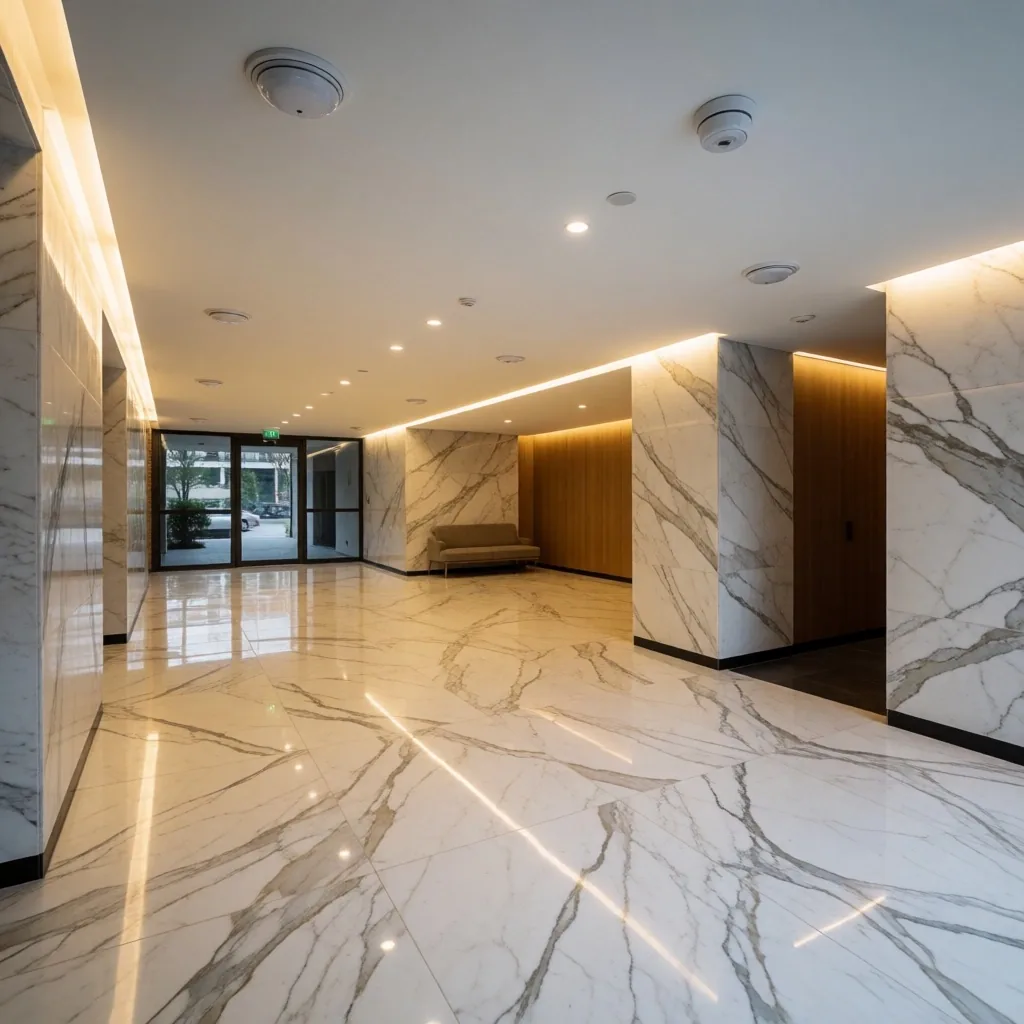 Lobby de edificio renovado con piso de mármol y sensores de movimiento